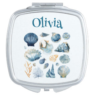 Blue Seashell Compact Mirror Custom Name