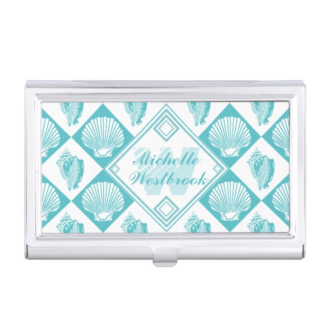 Blue Seashell Diamond Nautical Beach Monogram Business Card Case (Front)