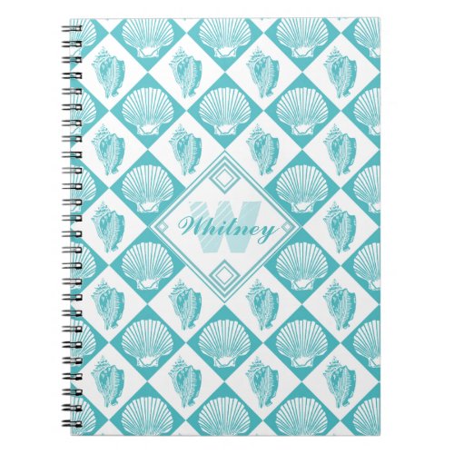 Blue Seashell Diamond Nautical Beach Monogram Notebook