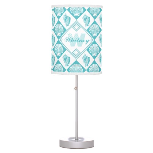 Blue Seashell Diamond Nautical Beach Monogram Table Lamp