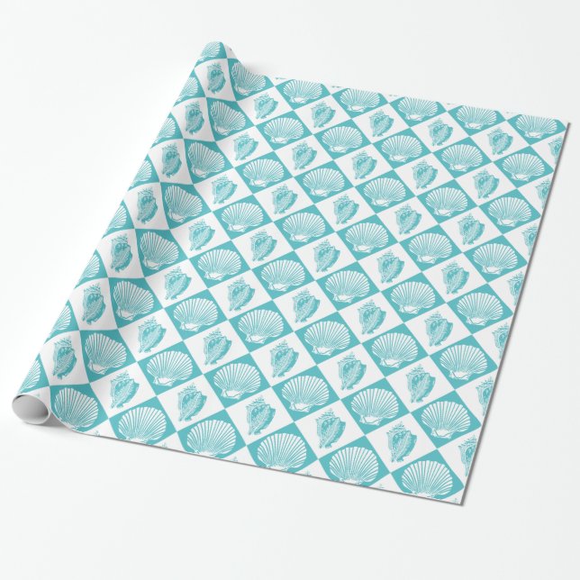 Blue Seashell Diamond Nautical Beach Wrapping Paper (Unrolled)