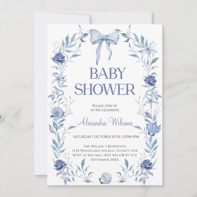  Blue Seashell Floral Baby shower  Invitation (Front)