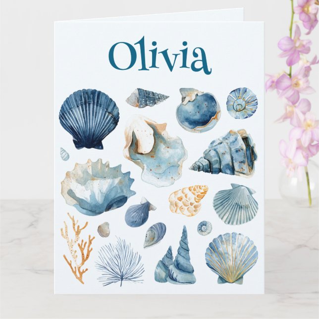 Blue Seashell Folded Card | Custom Name (Orchid)