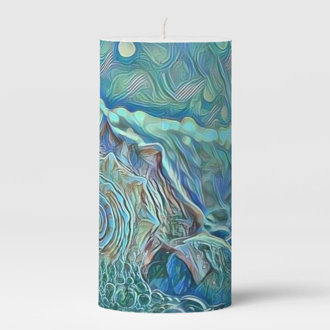 Blue seashell in the foaming sea painting  pillar candle (Front)