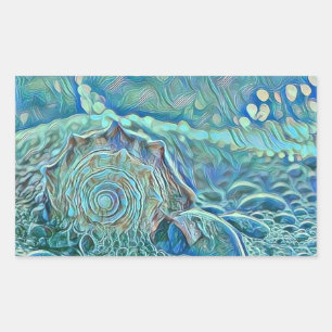 Blue seashell in the foaming sea painting  rectangular sticker