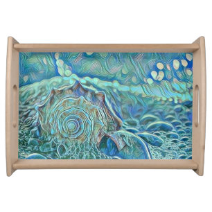 Blue seashell in the foaming sea painting serving tray