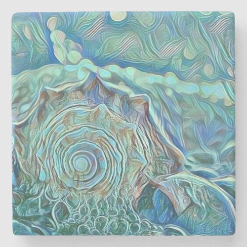 Blue seashell in the foaming sea painting  stone coaster