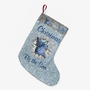 Blue Seashell Jewel Aquamarine Silver FauxGlitter Small Christmas Stocking