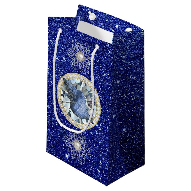 Blue Seashell Jewel Blue Faux Glitter Snowflakes Small Gift Bag (Front Angled)