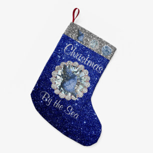 Blue Seashell Jewel Blue & Silver Faux Glitter Small Christmas Stocking