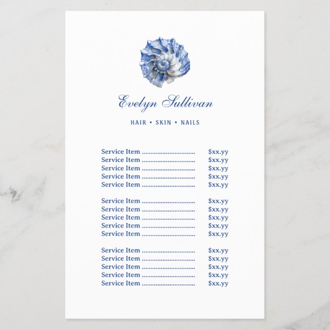 Blue seashell logo price list flyer (Front)