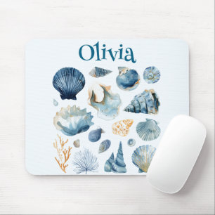 Blue Seashell Mouse Pad   Custom Name