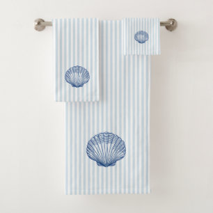 Blue Seashell Nautical Blue Stripe Painting Bath Towel Set