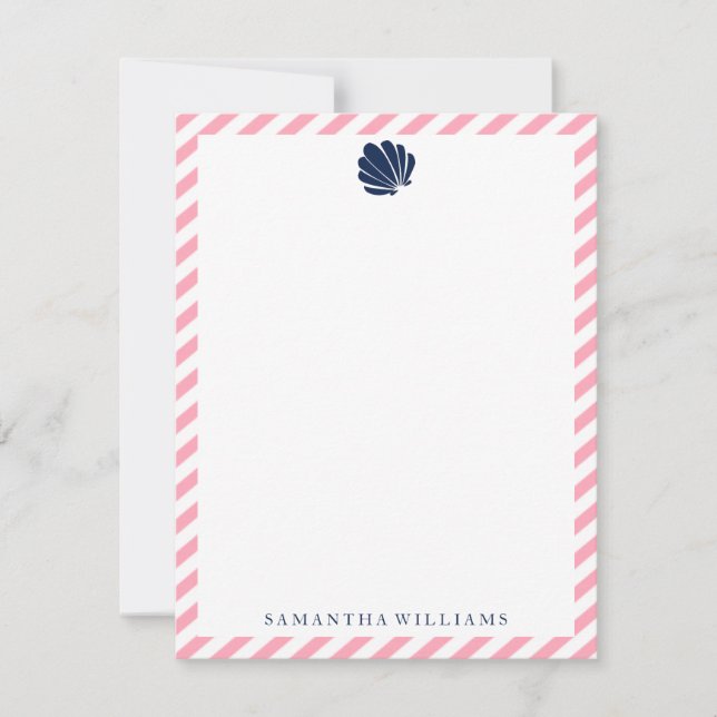 Blue Seashell on Pink Stripes Thank You Notes Invitation (Front)
