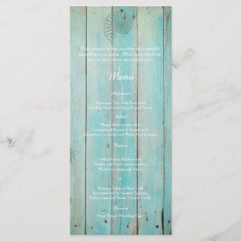 Blue Seashell On Wood Beach Wedding Menu by NoteableExpressions at Zazzle