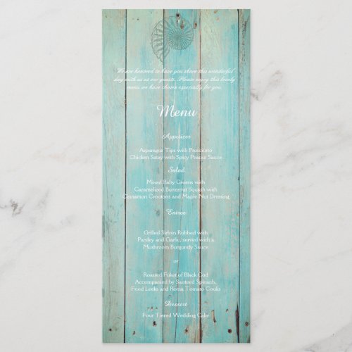 Blue Seashell on Wood Beach Wedding Menu