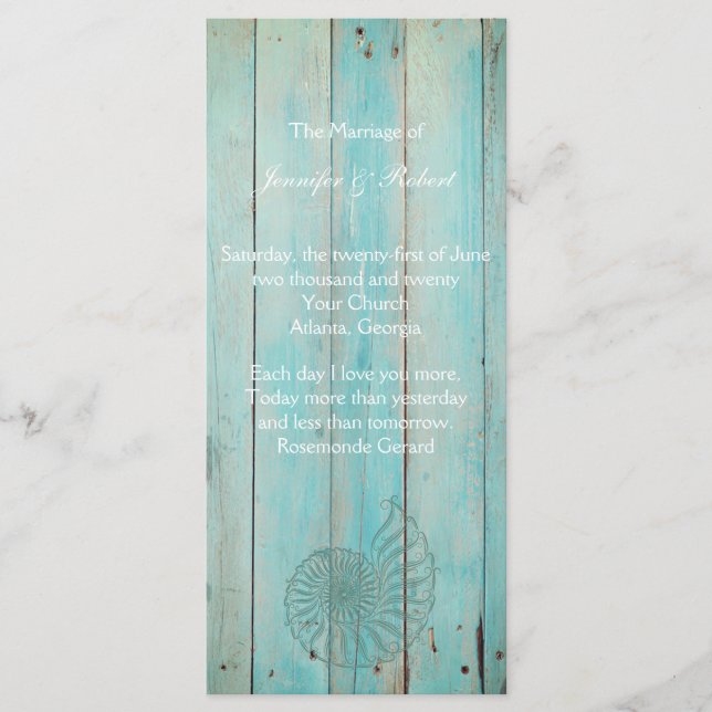Blue Seashell on Wood Beach Wedding Program (Front)