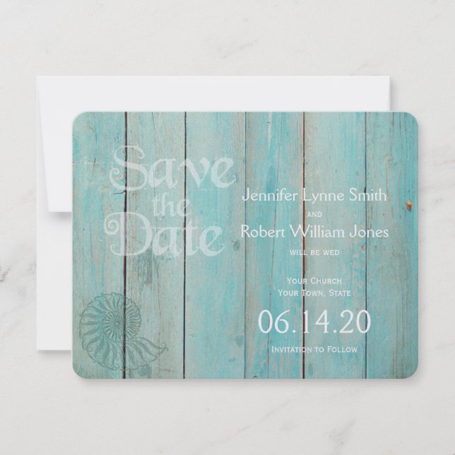Blue Seashell on Wood Beach Wedding Save the Date (Front)