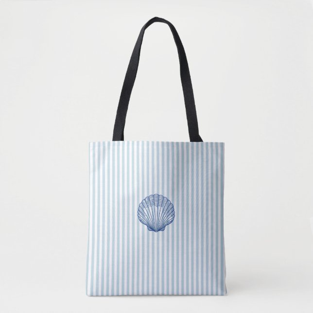 Blue Seashell Painting Nautical Blue Stripe Tote Bag (Front)