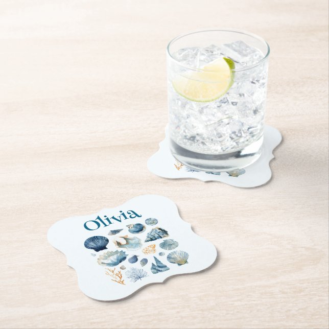 Blue Seashell Paper Coaster – Custom Name (Insitu)