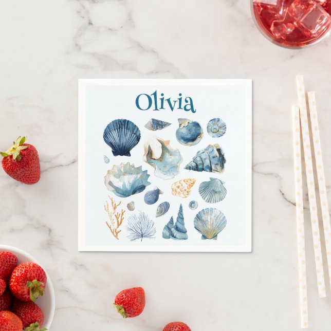 Blue Seashell Paper Napkins | Custom Name (Insitu)