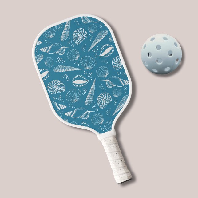 Blue seashell pattern pickleball paddle (Sea shell pattern pickleball paddle in blue coastal colours)
