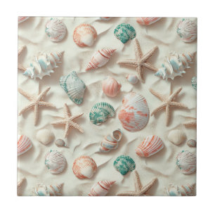 Blue Seashell Peach Coral Beach Cottage Ceramic Tile