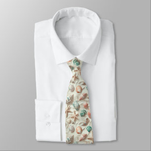 Blue Seashell Peach Coral Beach Cottage Neck Tie