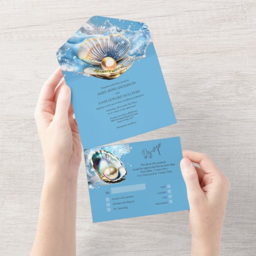 Blue seashell pearl oyster shell beach chic all in one invitation