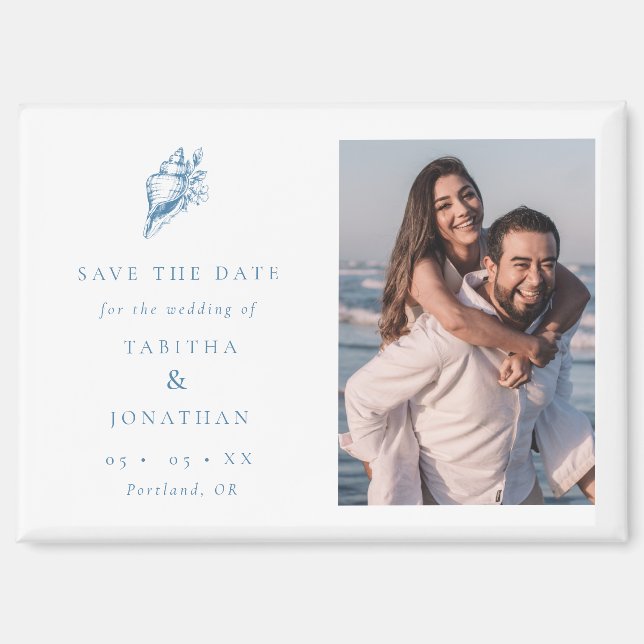 Blue Seashell Photo Coastal Wedding Save the Date Magnet (Front)