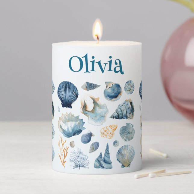 Blue Seashell Pillar Candle | Custom Name (In Situ)