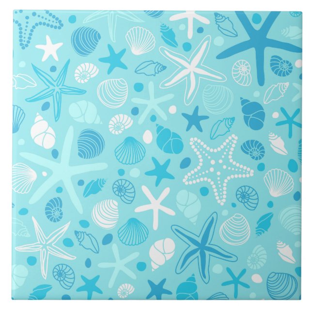 Blue Seashell & Star Bathroom Art Ceramic Tile (Front)