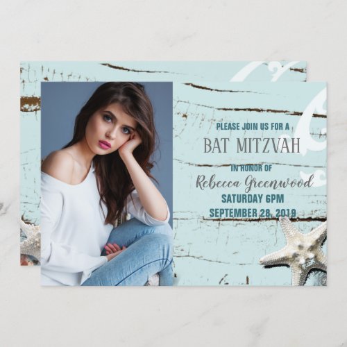 blue seashell starfish beach BAT MITZVAH photo Invitation