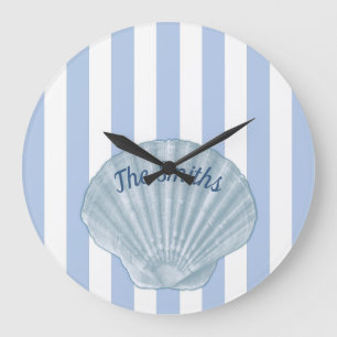 Blue Seashell &  Stripes Large Clock