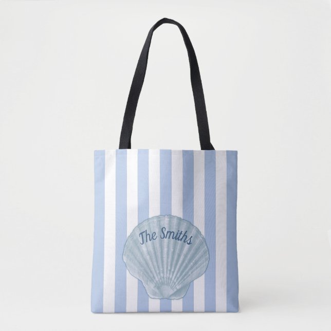 Blue Seashell &  Stripes Tote Bag (Front)