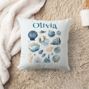Blue Seashell Throw Pillow – Custom Name