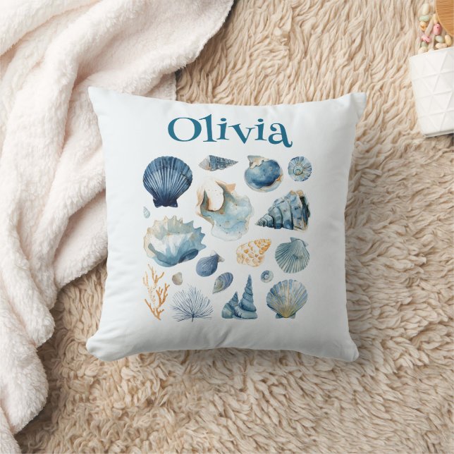Blue Seashell Throw Pillow – Custom Name (Blanket)