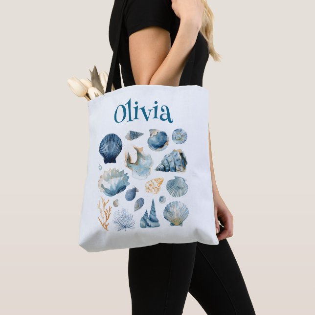 Blue Seashell Tote Bag – Custom Name (Close Up)