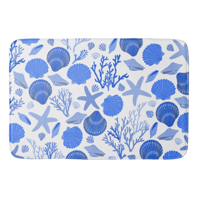 Blue Seashells and Coral Pattern Bath Mat (Front)