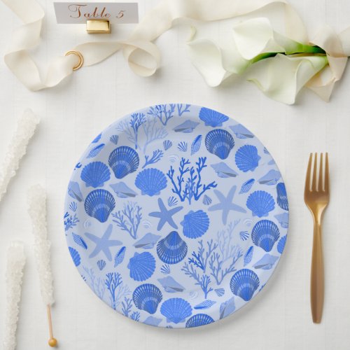 Blue Seashells and Coral Pattern Beach Paper Plates