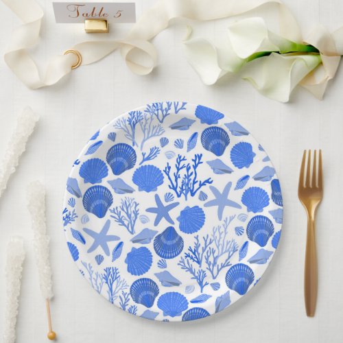 Blue Seashells and Coral Pattern Beach Paper Plates