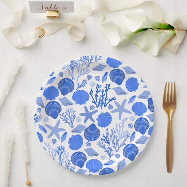 Blue Seashells and Coral Pattern Beach Paper Plates (Wedding)