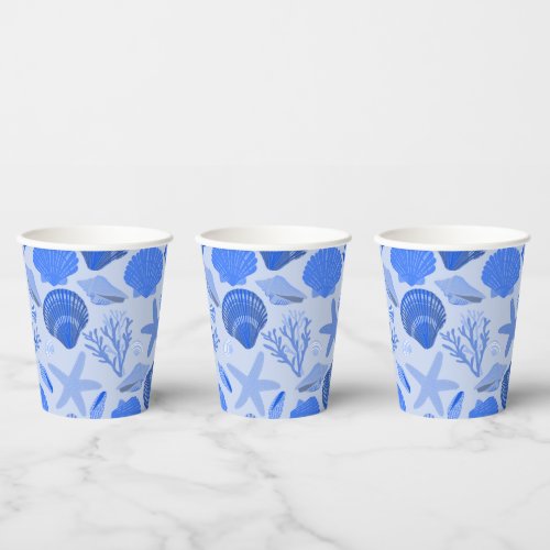 Blue Seashells and Coral Pattern Custom Beach Paper Cups