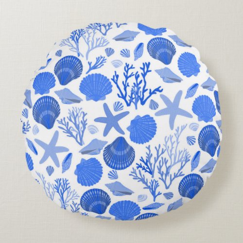 Blue Seashells and Coral Pattern  Round Pillow