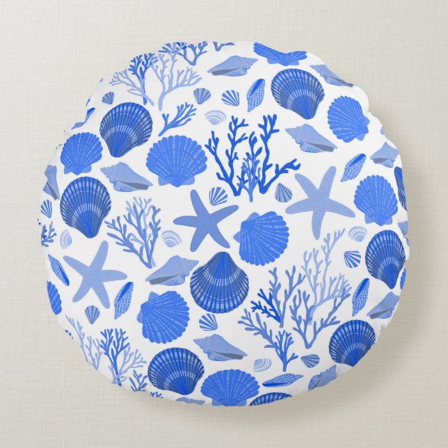Blue Seashells and Coral Pattern  Round Pillow (Front)