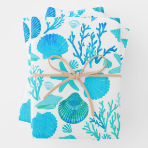 Blue Seashells and Coral Pattern Seaside Gift Wrapping Paper Sheets