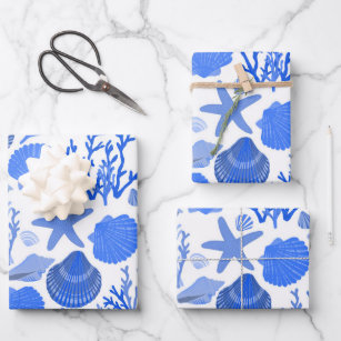 Blue Seashells and Coral Pattern Seaside Gift Wrapping Paper Sheets