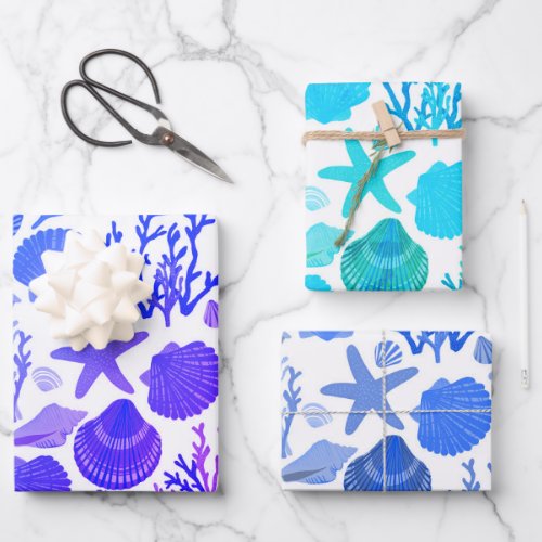 Blue Seashells and Coral Pattern Seaside Gift  Wrapping Paper Sheets