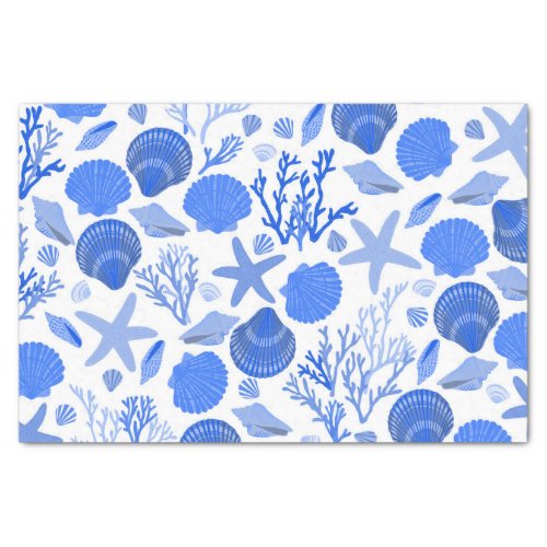 Blue Seashells and Coral Pattern White Tissue Paper