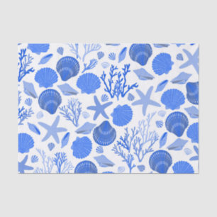 Blue Seashells and Coral Pattern White Tissue Paper